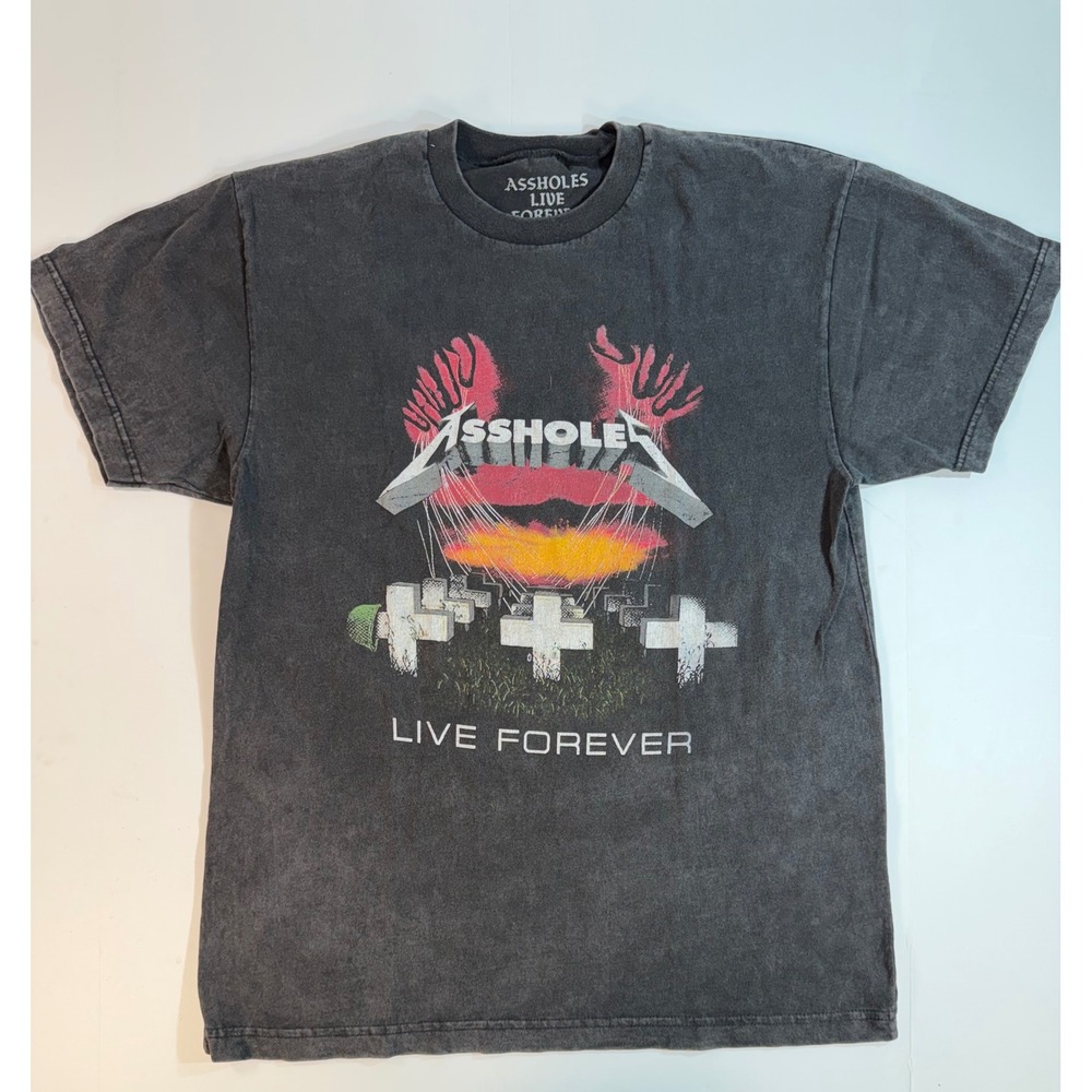 A**holes Live Forever Metallica Parody T-Shirt Large Black Acid Wash Graphic Tee